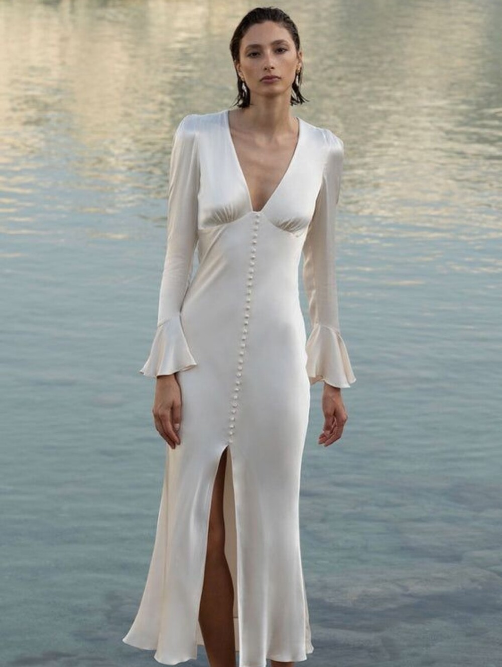 Bridal | Shona Joy | La Lune Frill Cuff Bias Midi Dress | Cream | Wedding